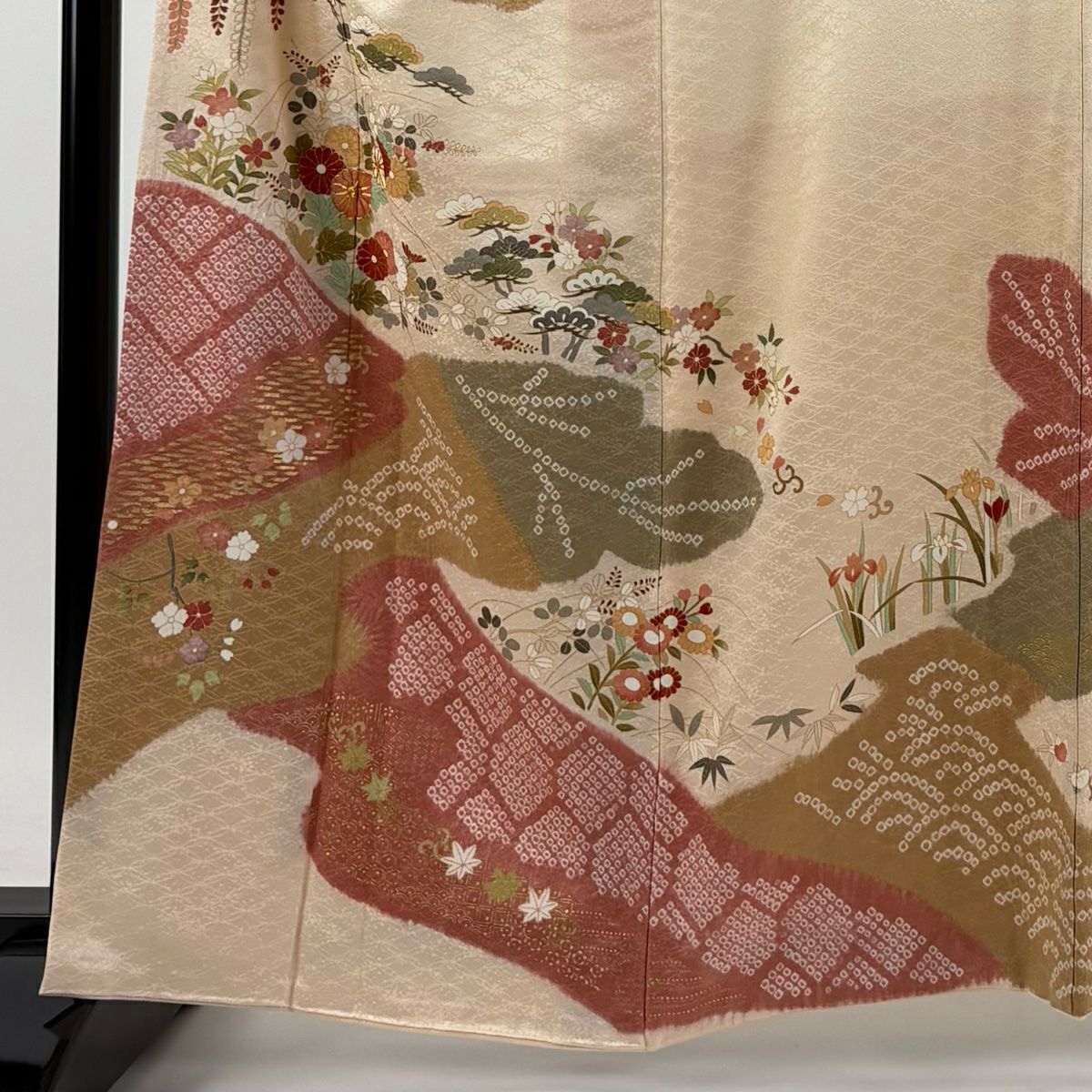 【庫存清倉】訪問服 身長161.5cm 袖長67.5cm L 雙層 菊花 松樹 金糸 絞染 淺橙色 純蠶絲 名品級