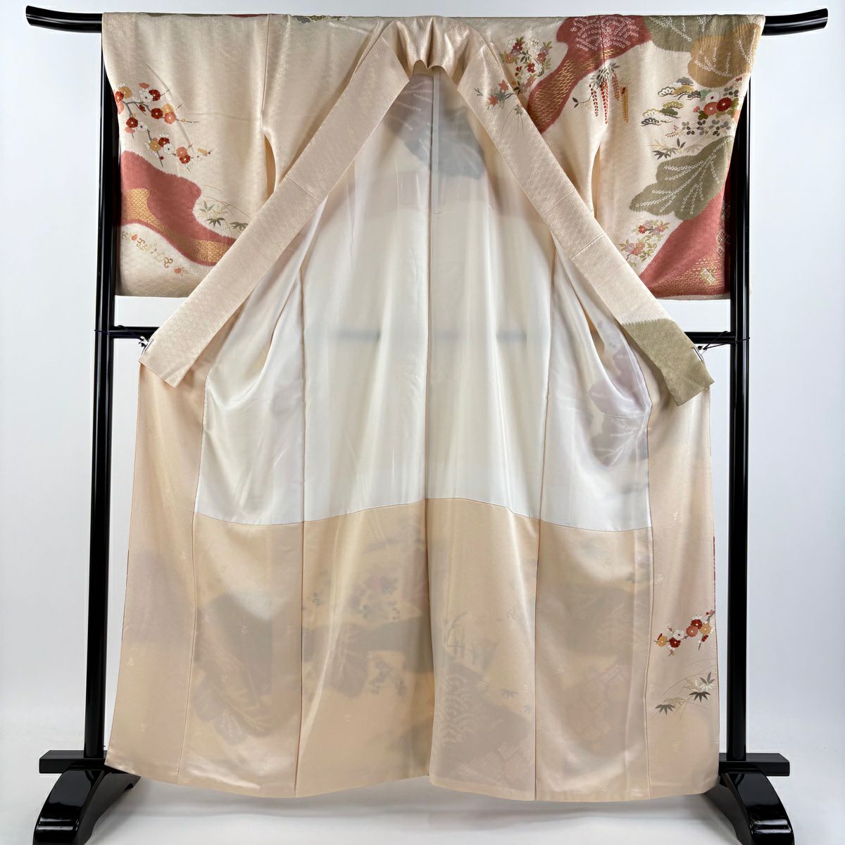 【庫存清倉】訪問服 身長161.5cm 袖長67.5cm L 雙層 菊花 松樹 金糸 絞染 淺橙色 純蠶絲 名品級