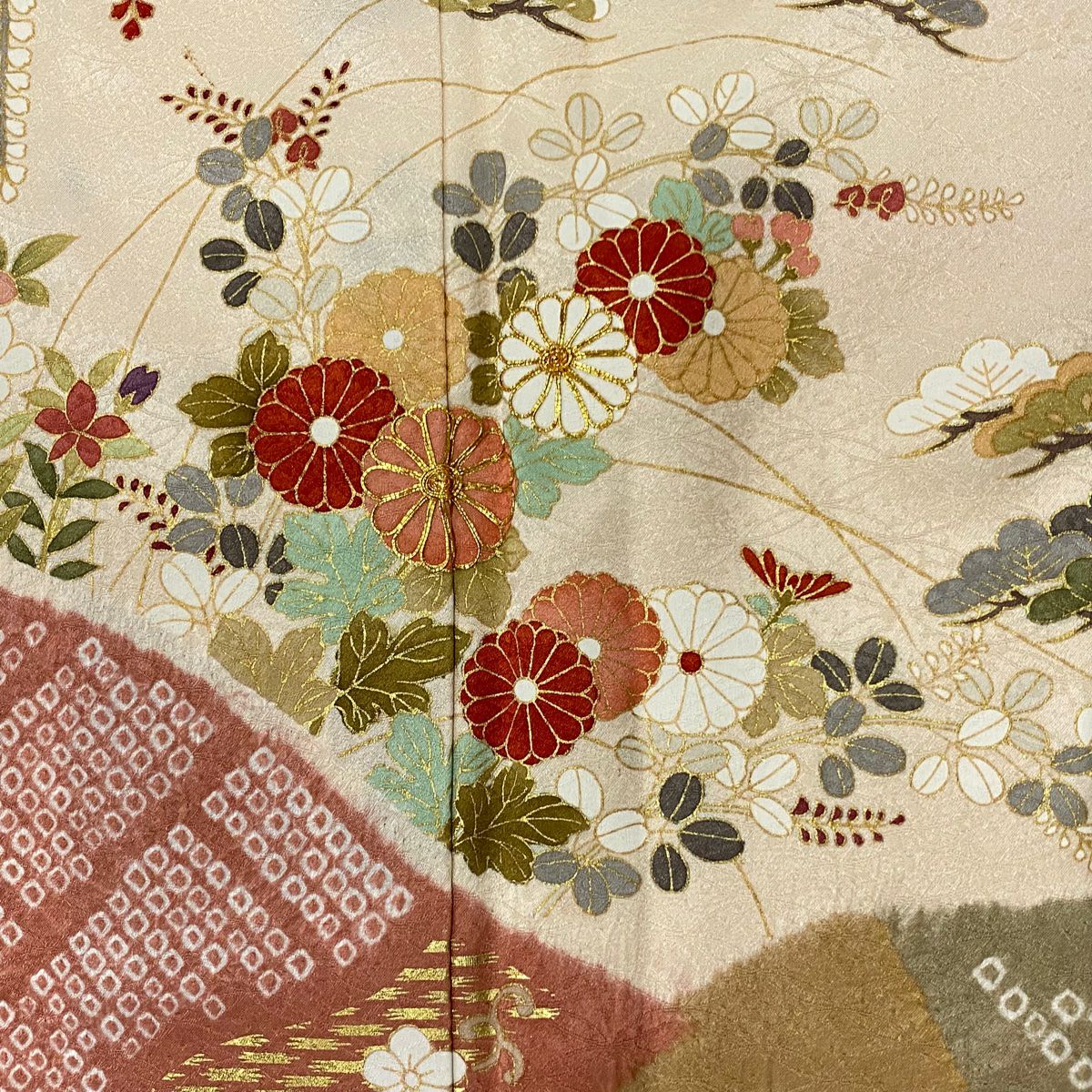 【庫存清倉】訪問服 身長161.5cm 袖長67.5cm L 雙層 菊花 松樹 金糸 絞染 淺橙色 純蠶絲 名品級