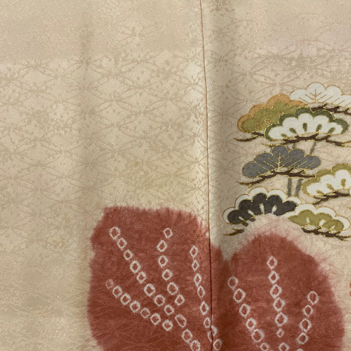 【庫存清倉】訪問服 身長161.5cm 袖長67.5cm L 雙層 菊花 松樹 金糸 絞染 淺橙色 純蠶絲 名品級