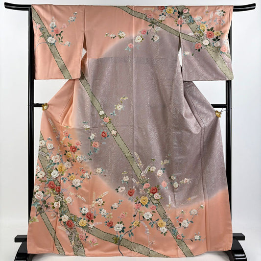【庫存清倉】訪問服 身長168cm 袖長65.5cm M 雙層 椿 草花紋紋 金銀彩 粉紅 純蠶絲 名品級