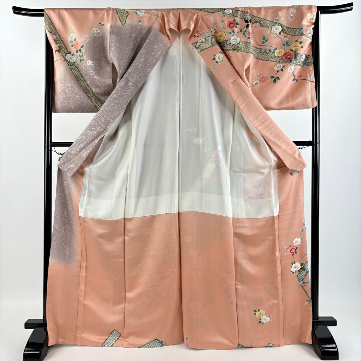 【庫存清倉】訪問服 身長168cm 袖長65.5cm M 雙層 椿 草花紋紋 金銀彩 粉紅 純蠶絲 名品級