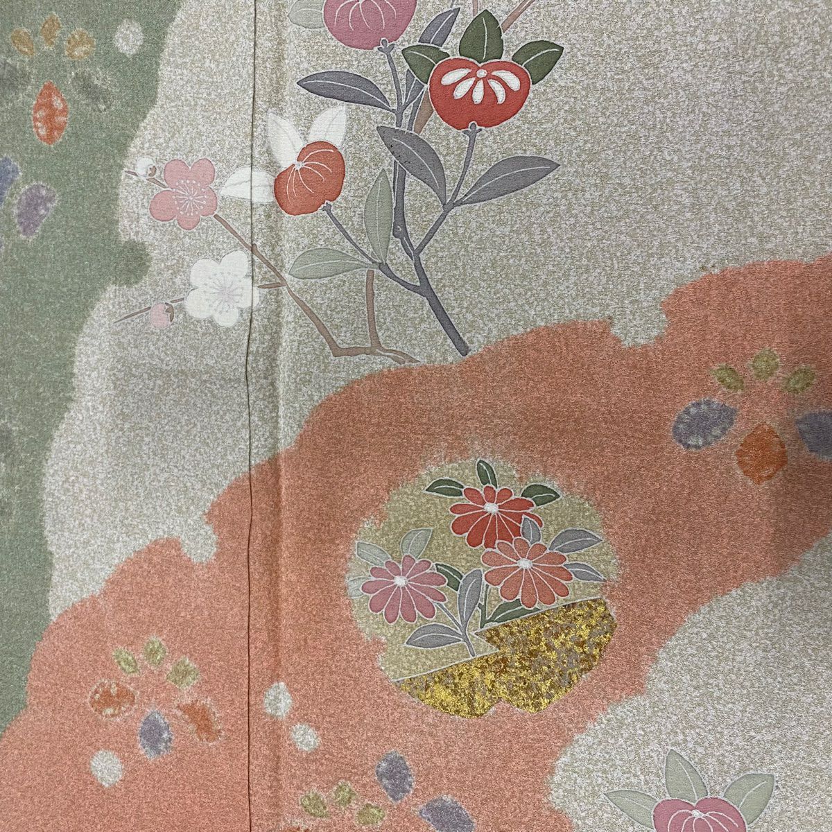 【庫存清倉】訪問服 身長166.5cm 袖長65.5cm M 雙層 橘 雪輪 金銀彩 米色 純蠶絲 名品級