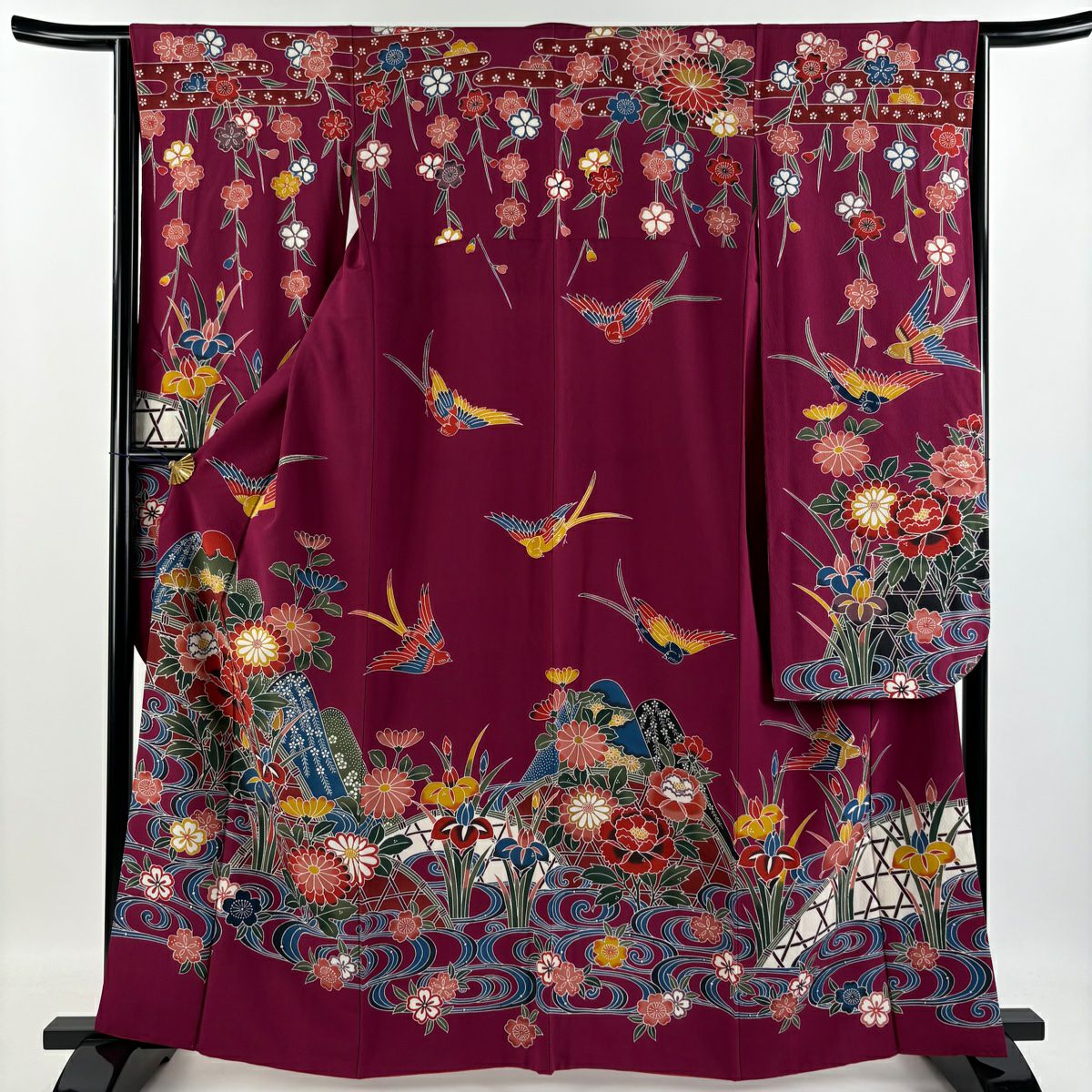【庫存清倉】振袖禮服 身長162cm 袖長64cm M 雙層 花鳥 山並 染分 紅紫 純蠶絲 名品級