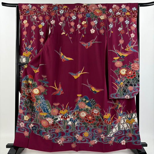 【庫存清倉】振袖禮服 身長162cm 袖長64cm M 雙層 花鳥 山並 染分 紅紫 純蠶絲 名品級