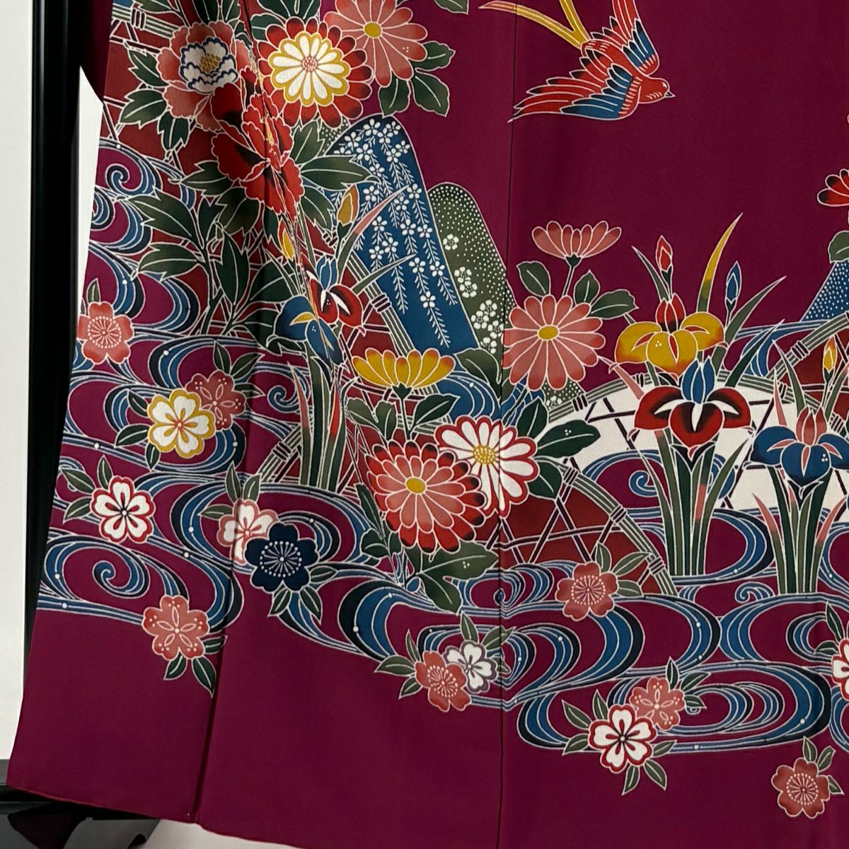 【庫存清倉】振袖禮服 身長162cm 袖長64cm M 雙層 花鳥 山並 染分 紅紫 純蠶絲 名品級