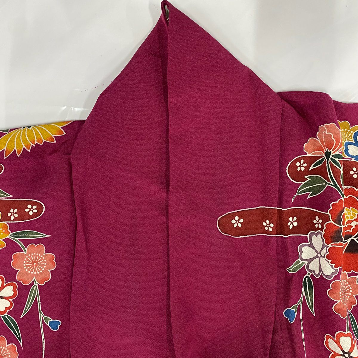 【庫存清倉】振袖禮服 身長162cm 袖長64cm M 雙層 花鳥 山並 染分 紅紫 純蠶絲 名品級