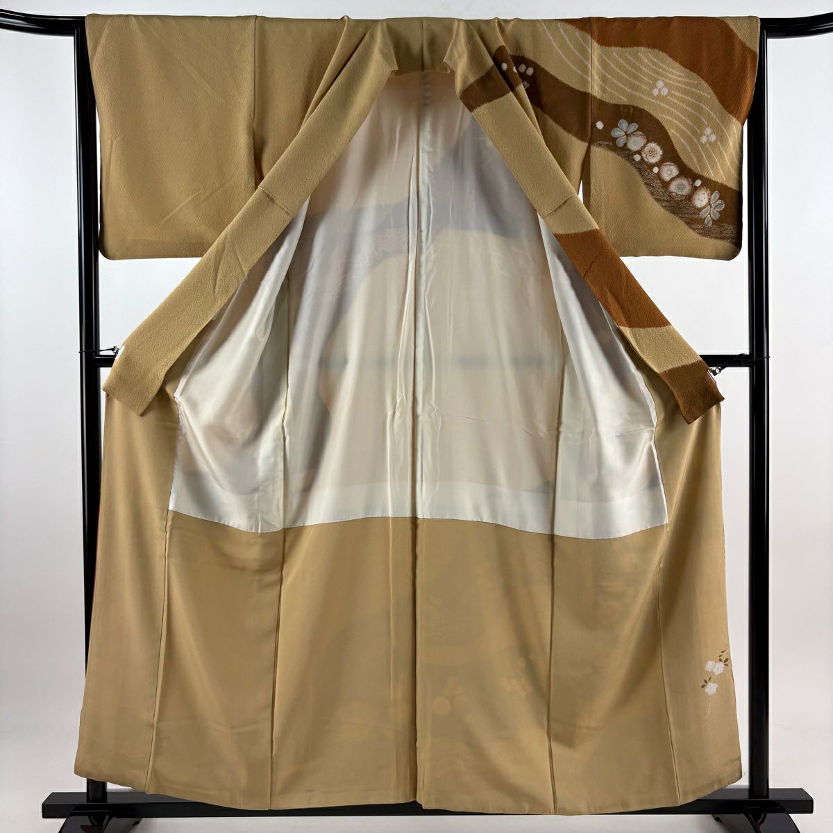 【庫存清倉】訪問服 身長157cm 袖長64.5cm M 雙層 滝泰 有落款 辻花染 波 金銀彩 淺茶 純蠶絲 名品級