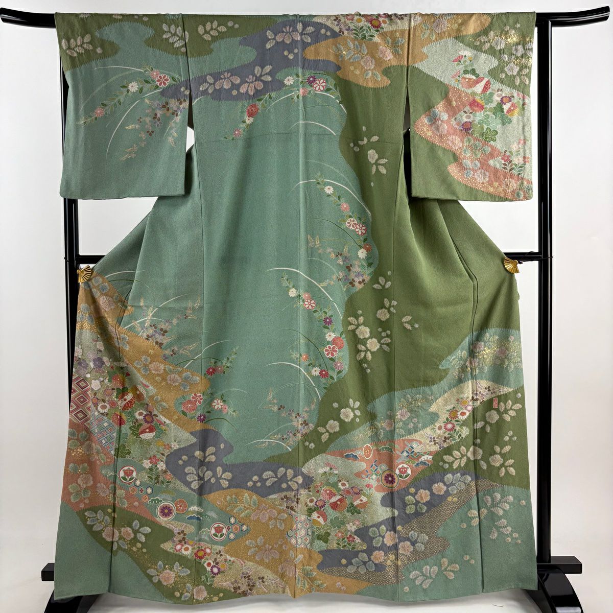 【庫存清倉】訪問服 身長166cm 袖長65cm M 雙層 落款有 菊花 有職紋樣 金絲 絞染 淺青綠 純蠶絲 名品級