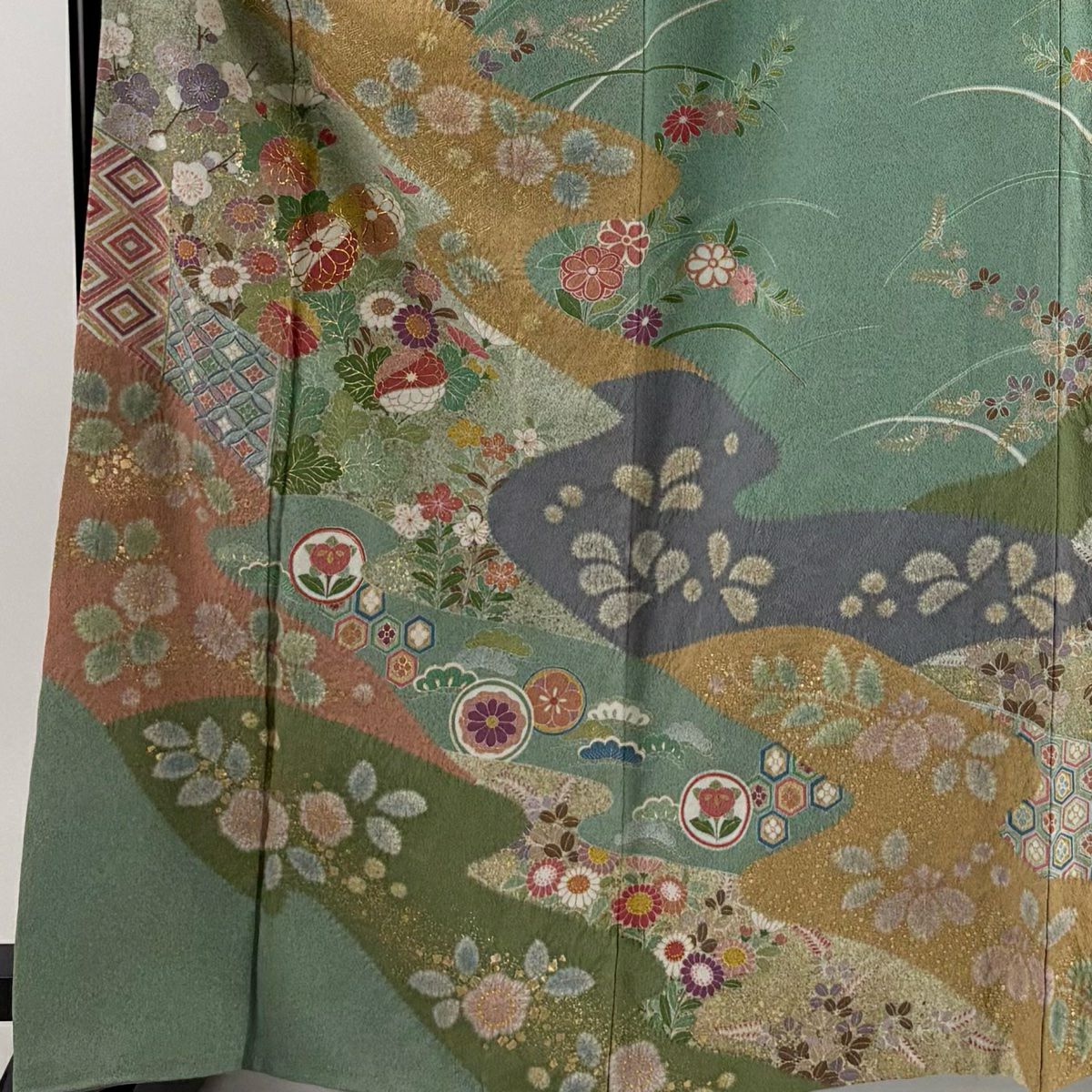 【庫存清倉】訪問服 身長166cm 袖長65cm M 雙層 落款有 菊花 有職紋樣 金絲 絞染 淺青綠 純蠶絲 名品級