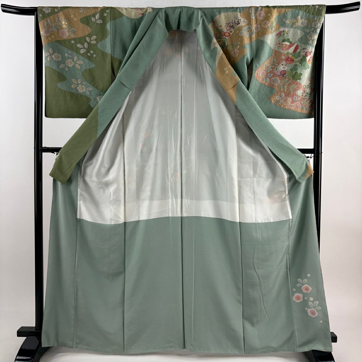 【庫存清倉】訪問服 身長166cm 袖長65cm M 雙層 落款有 菊花 有職紋樣 金絲 絞染 淺青綠 純蠶絲 名品級