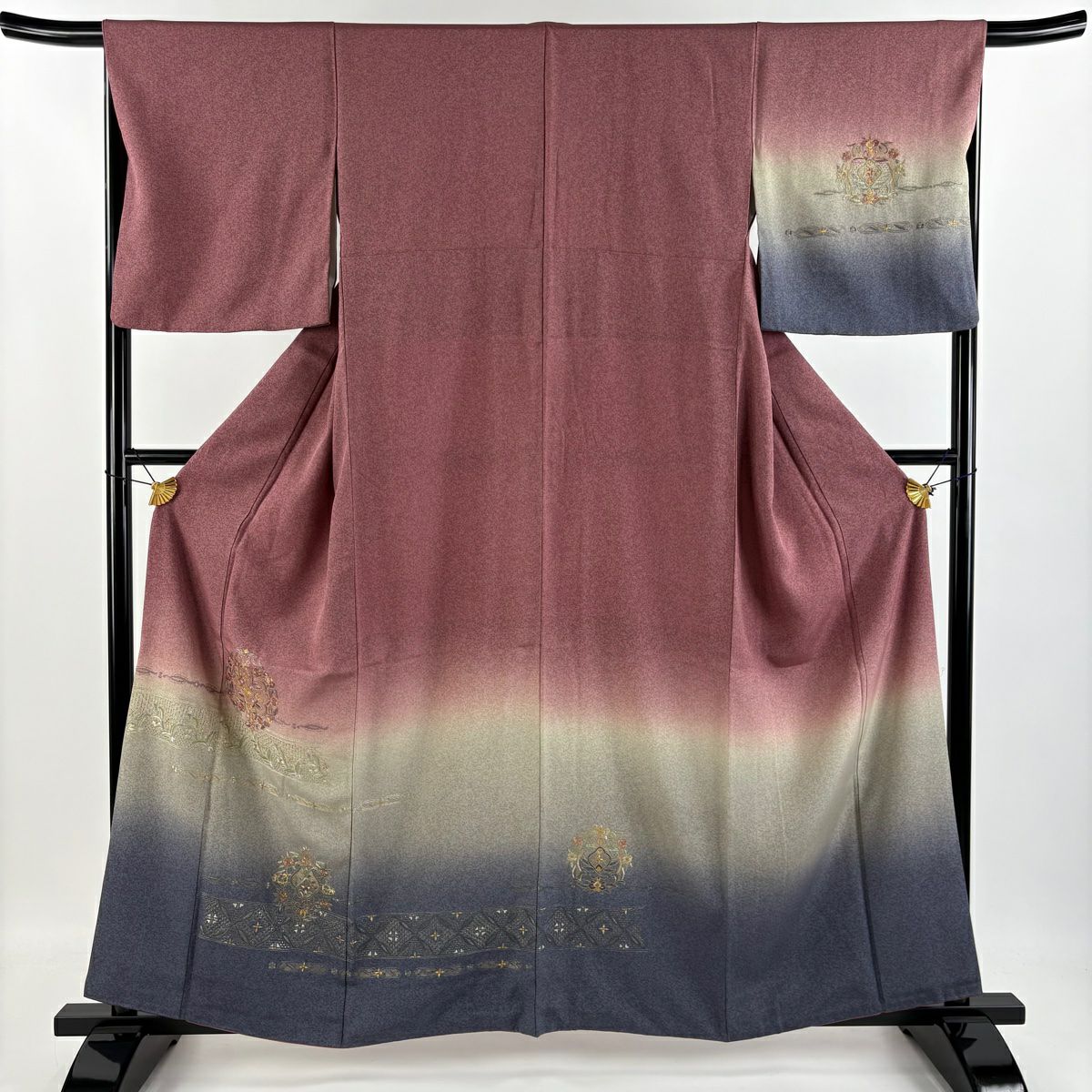 【庫存清倉】 付下 身長158.5cm 袖長66.5cm M 雙層 華紋 草花紋刺繡 漸層 紅紫 純蠶絲 名品級