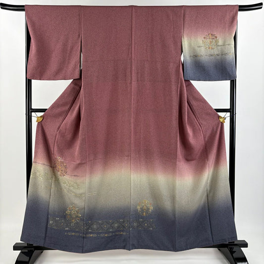 【庫存清倉】 付下 身長158.5cm 袖長66.5cm M 雙層 華紋 草花紋刺繡 漸層 紅紫 純蠶絲 名品級