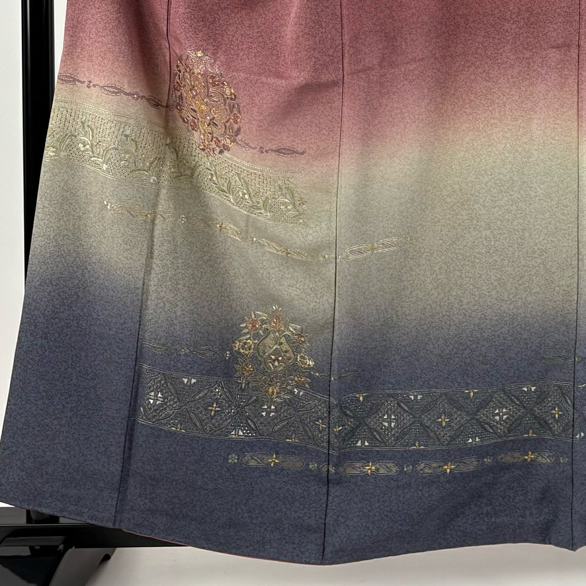 【庫存清倉】 付下 身長158.5cm 袖長66.5cm M 雙層 華紋 草花紋刺繡 漸層 紅紫 純蠶絲 名品級