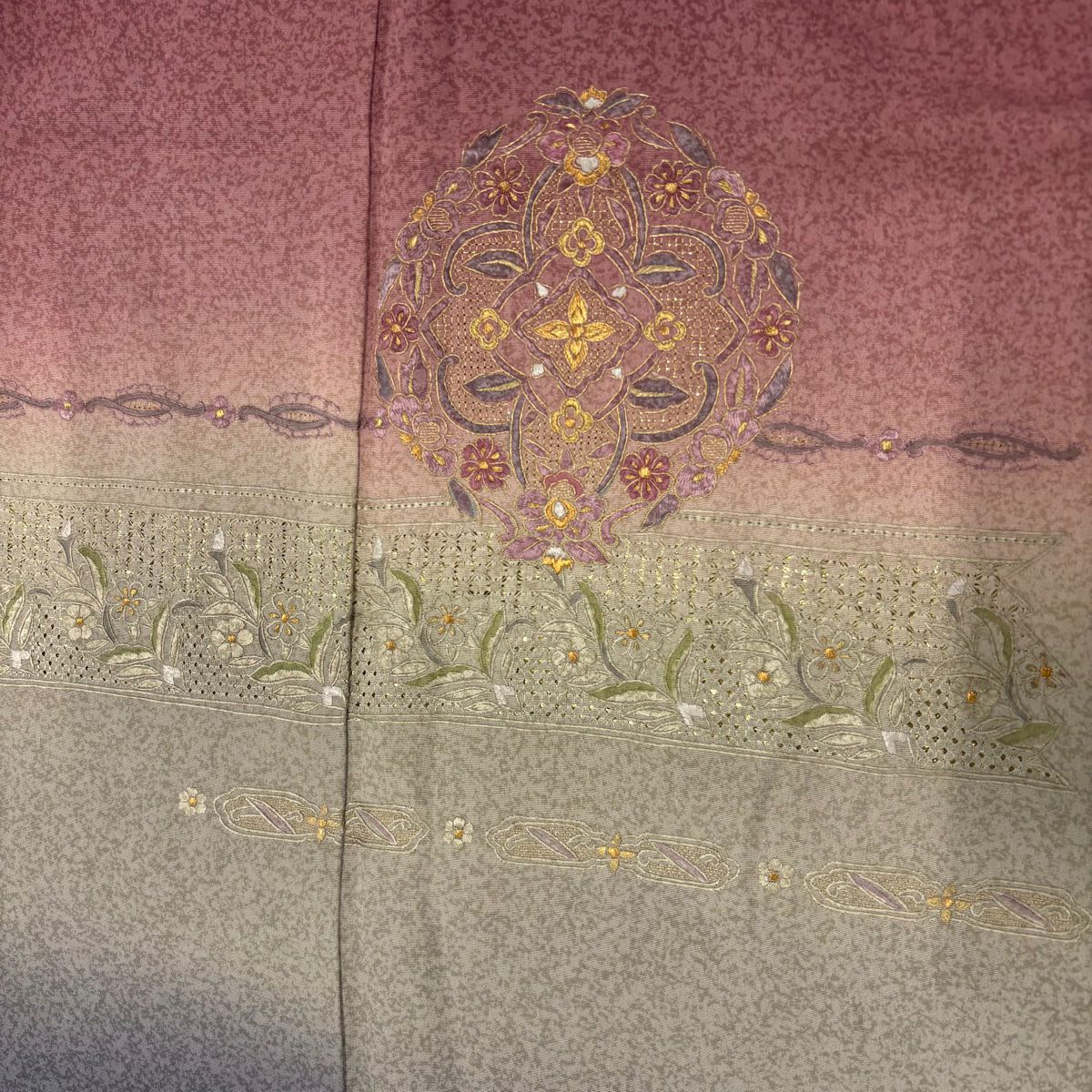 【庫存清倉】 付下 身長158.5cm 袖長66.5cm M 雙層 華紋 草花紋刺繡 漸層 紅紫 純蠶絲 名品級