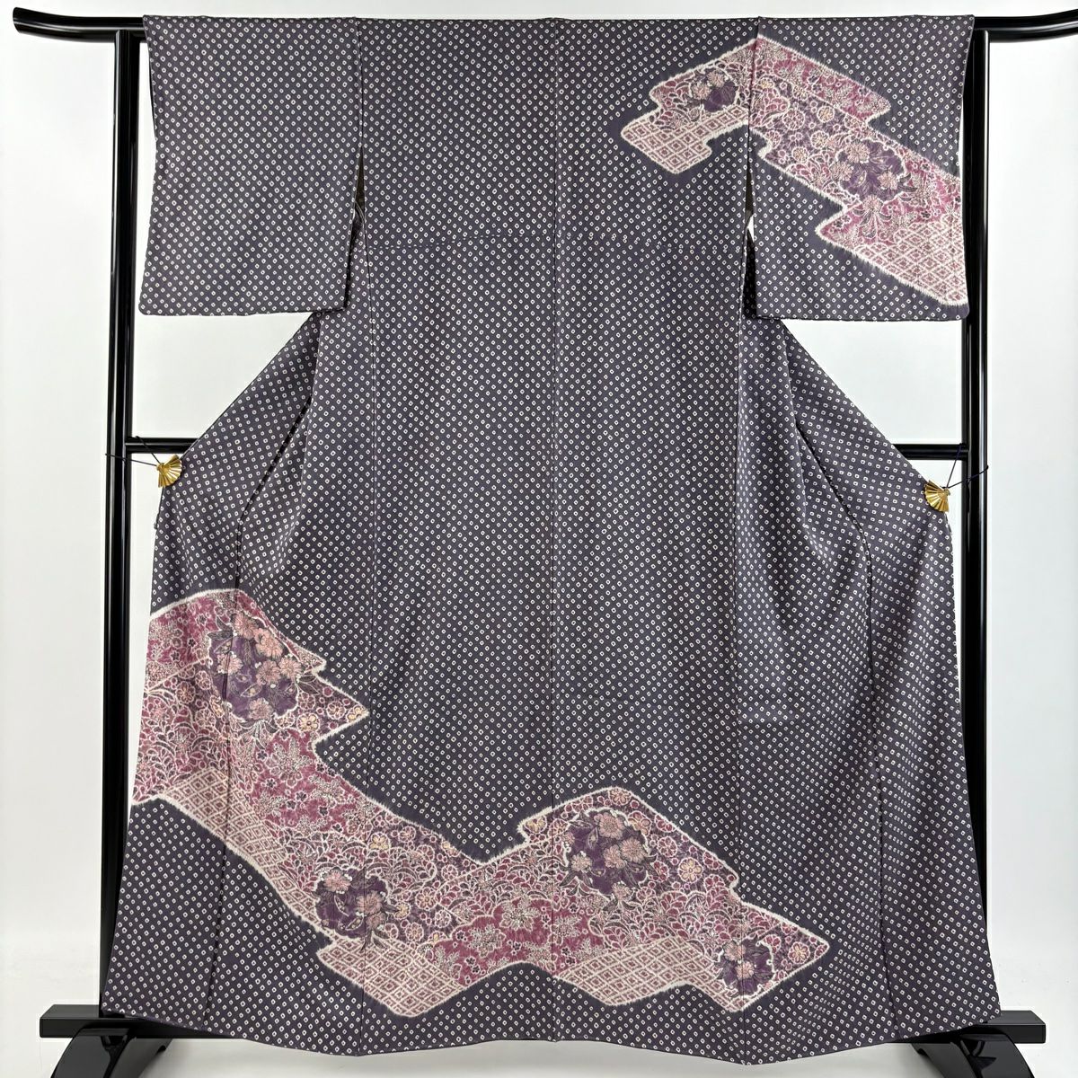 【庫存清倉】訪問服 身長159cm 袖長62.5cm S 雙層 草花紋紋 菱形 絞染 灰紫 純蠶絲 名品級