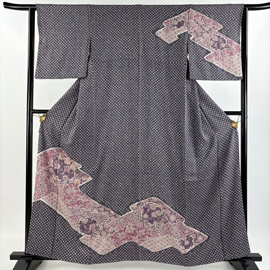 【庫存清倉】訪問服 身長159cm 袖長62.5cm S 雙層 草花紋紋 菱形 絞染 灰紫 純蠶絲 名品級