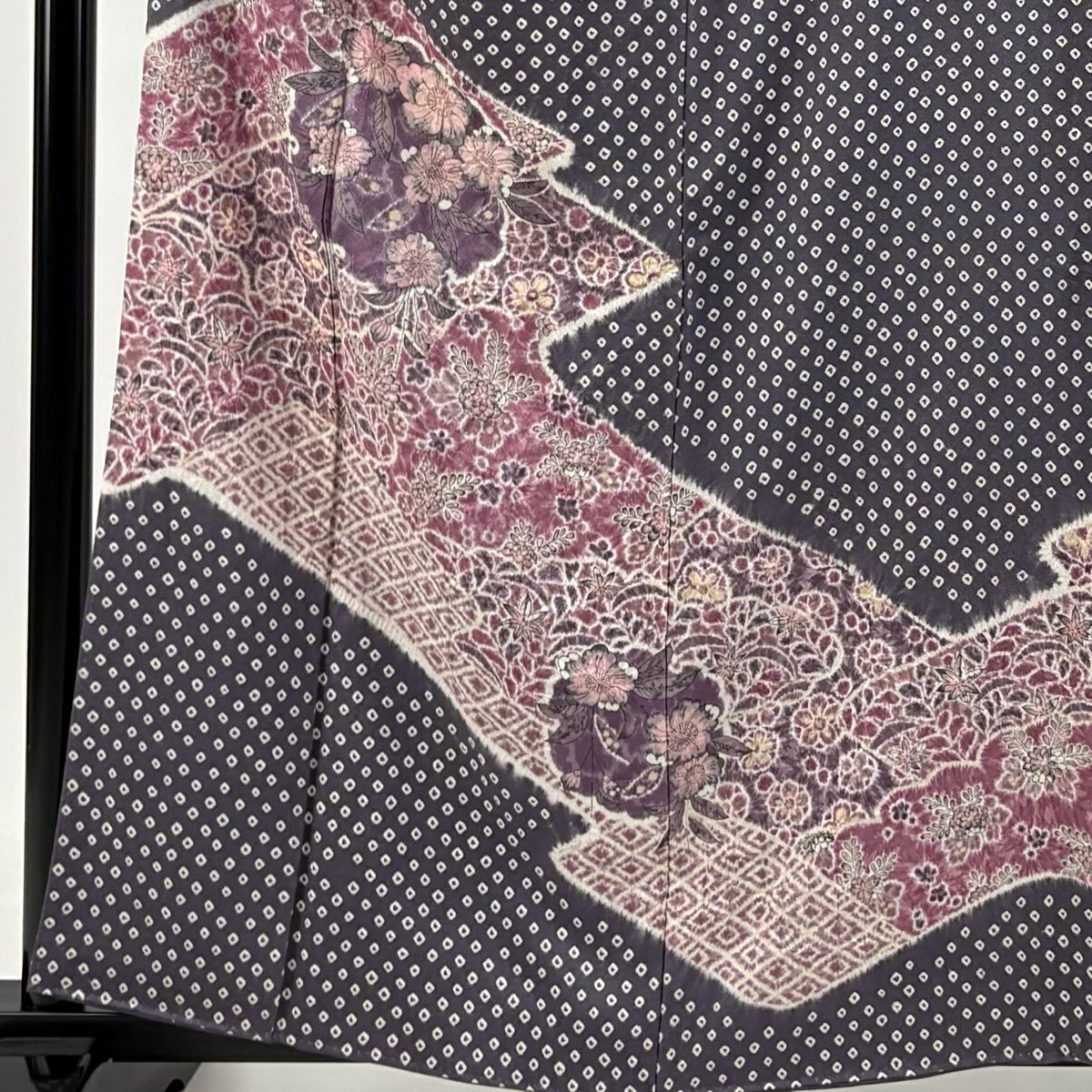 【庫存清倉】訪問服 身長159cm 袖長62.5cm S 雙層 草花紋紋 菱形 絞染 灰紫 純蠶絲 名品級