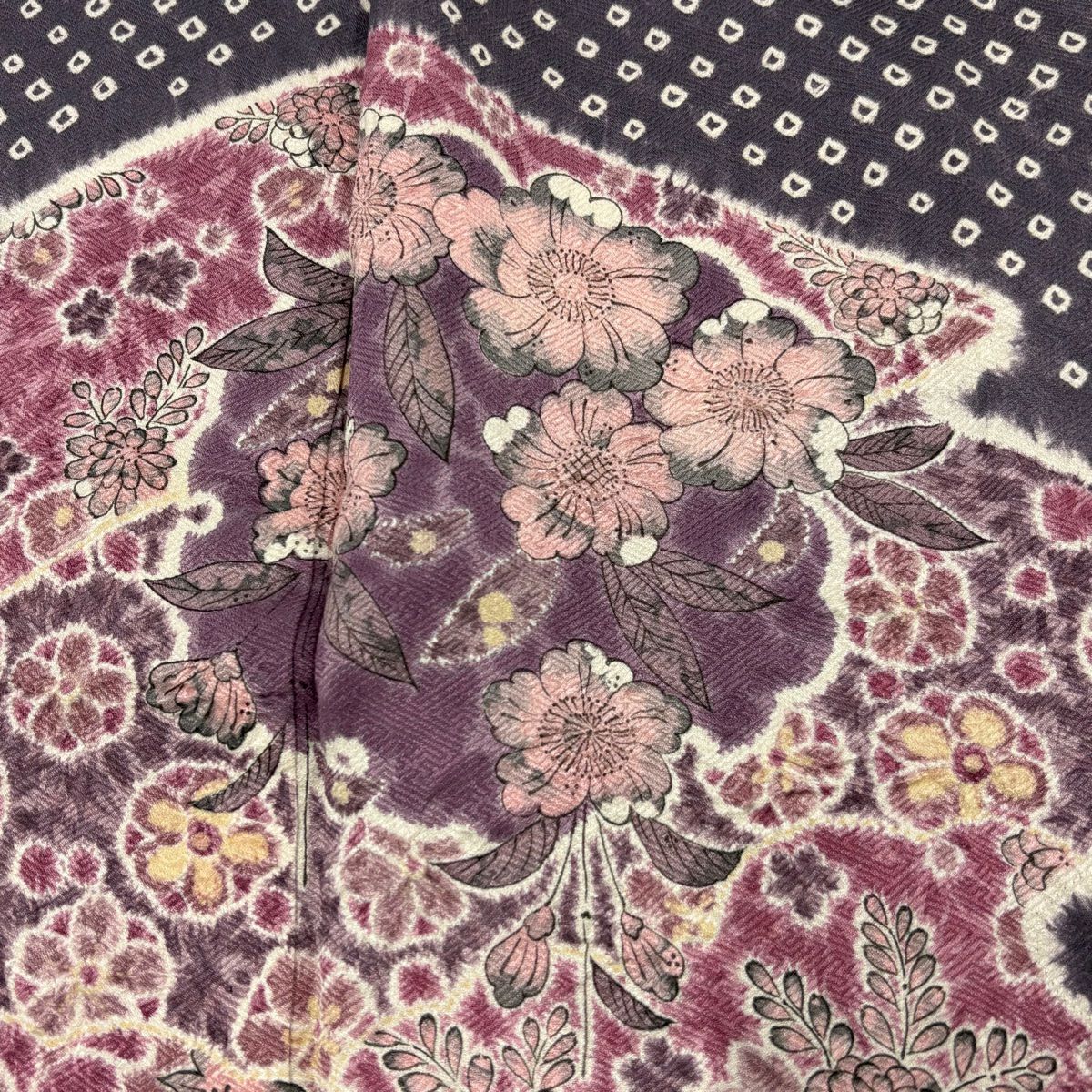 【庫存清倉】訪問服 身長159cm 袖長62.5cm S 雙層 草花紋紋 菱形 絞染 灰紫 純蠶絲 名品級