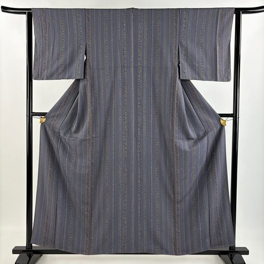 【庫存清倉】 小紋 身長158.5cm 袖長62cm S 雙層 縱條紋 葉 灰紫 純蠶絲 美品 名品級