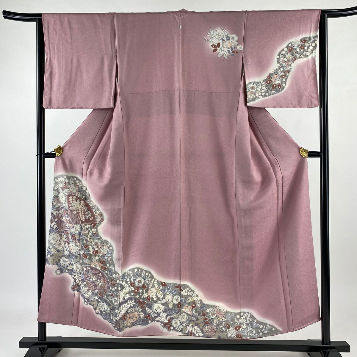 【庫存清倉】訪問服 身長152.5cm 袖長64.5cm M 雙層 辻花染圖案 扇子子 銀糸 漸層 粉色 純蠶絲 美品 秀品級 一個紋