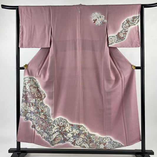 【庫存清倉】訪問服 身長152.5cm 袖長64.5cm M 雙層 辻花染圖案 扇子子 銀糸 漸層 粉色 純蠶絲 美品 秀品級 一個紋