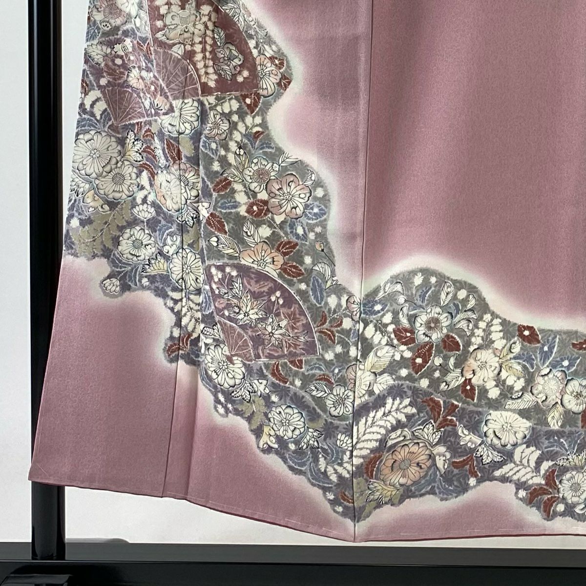 【庫存清倉】訪問服 身長152.5cm 袖長64.5cm M 雙層 辻花染圖案 扇子子 銀糸 漸層 粉色 純蠶絲 美品 秀品級 一個紋