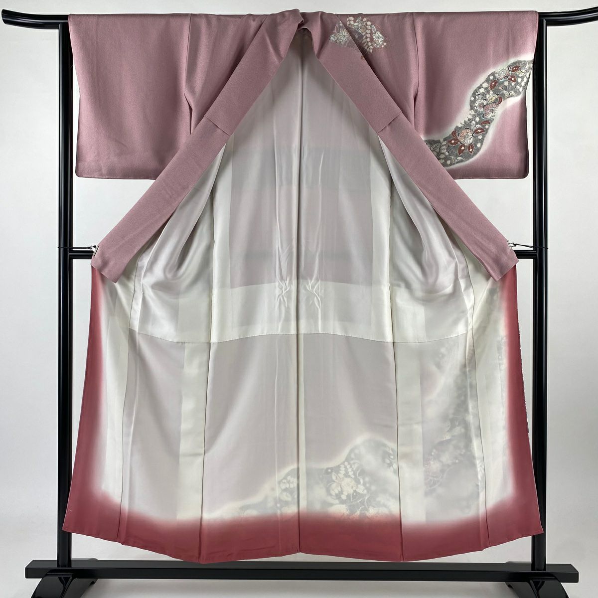 【庫存清倉】訪問服 身長152.5cm 袖長64.5cm M 雙層 辻花染圖案 扇子子 銀糸 漸層 粉色 純蠶絲 美品 秀品級 一個紋