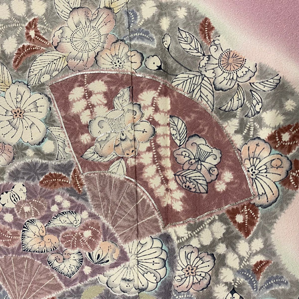 【庫存清倉】訪問服 身長152.5cm 袖長64.5cm M 雙層 辻花染圖案 扇子子 銀糸 漸層 粉色 純蠶絲 美品 秀品級 一個紋