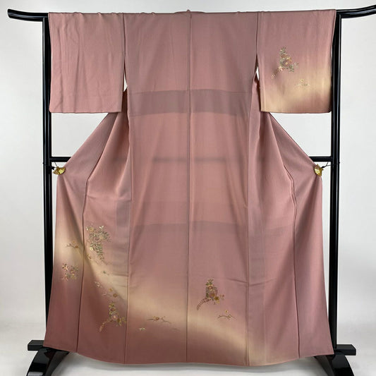 【庫存清倉】 付下 身長163cm 袖長65cm M 雙層 貝桶 椿 刺繡 漸層 粉紅 純蠶絲 優品級