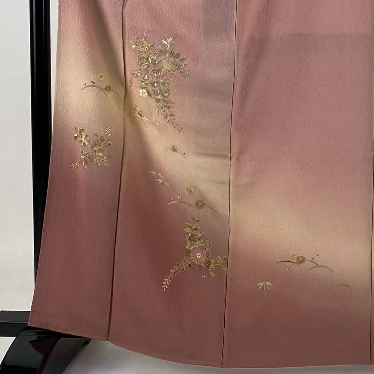 【庫存清倉】 付下 身長163cm 袖長65cm M 雙層 貝桶 椿 刺繡 漸層 粉紅 純蠶絲 優品級