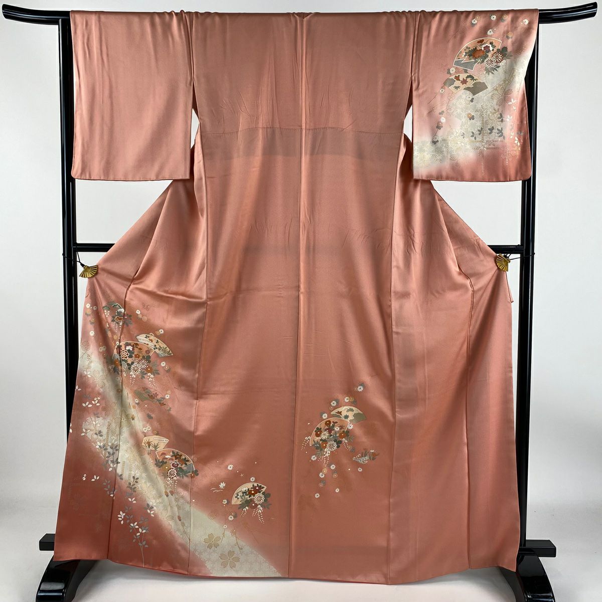 【庫存清倉】 付下 身長167cm 袖長65cm M 雙層 扇子面 草花紋紋 金銀彩 漸層 鮭粉色 純蠶絲 優品級