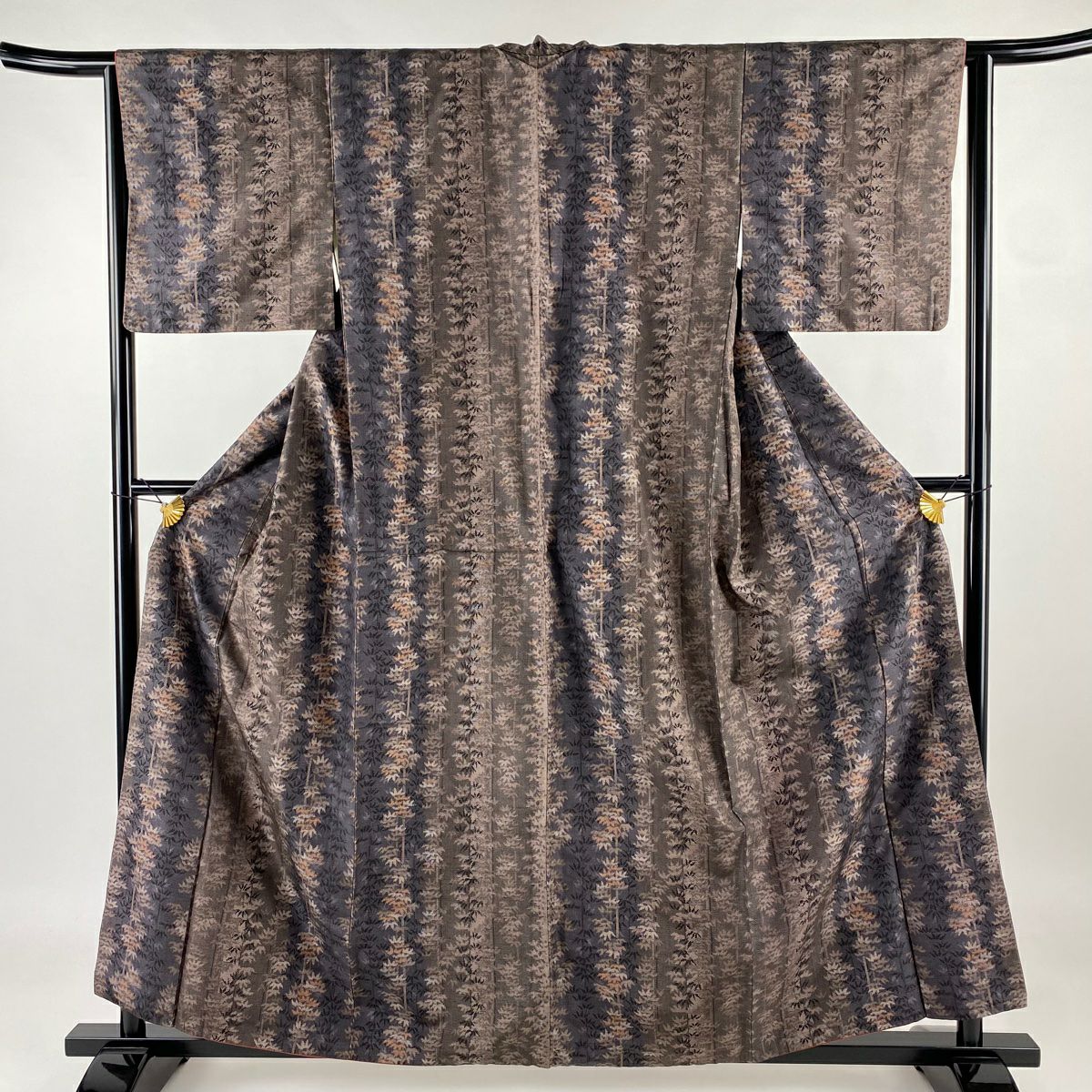 【庫存清倉】 紬織 身長158.5cm 袖長65cm M 雙層 笹紋 縞紋 茶 純蠶絲 優品級