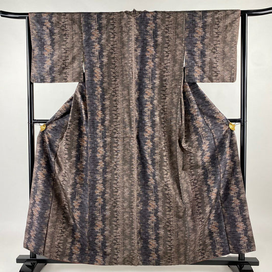 【庫存清倉】 紬織 身長158.5cm 袖長65cm M 雙層 笹紋 縞紋 茶 純蠶絲 優品級
