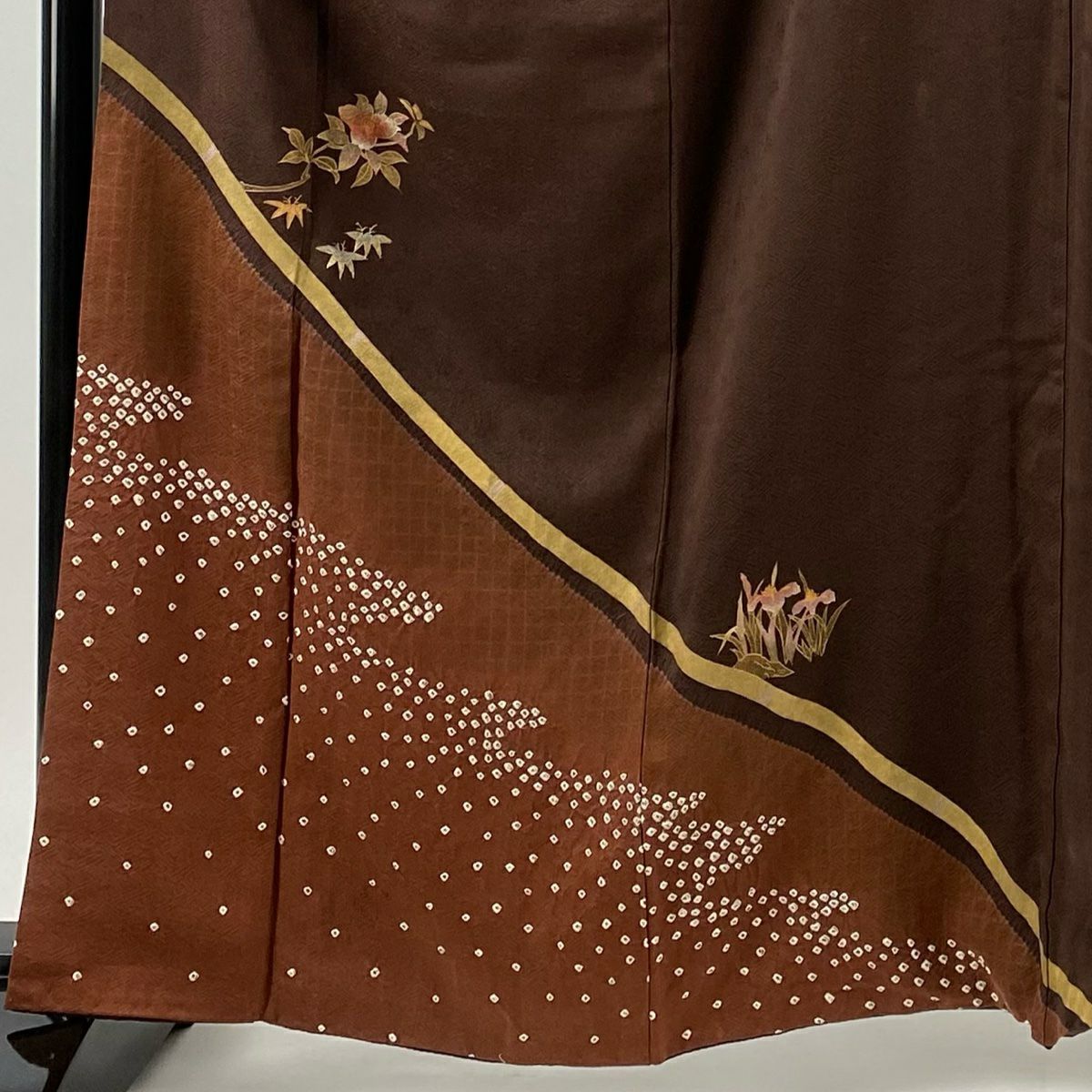【庫存清倉】 付下 身長162cm 袖長66.5cm M 雙層 枝花 霞 金銀彩 絞染 茶 純蠶絲 優品級