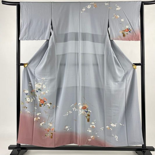 【庫存清倉】訪問服 身長152.5cm 袖長63cm S 雙層 背抜 鈴乃屋 草花紋 扇子子 染分 青灰色 純蠶絲 優品級