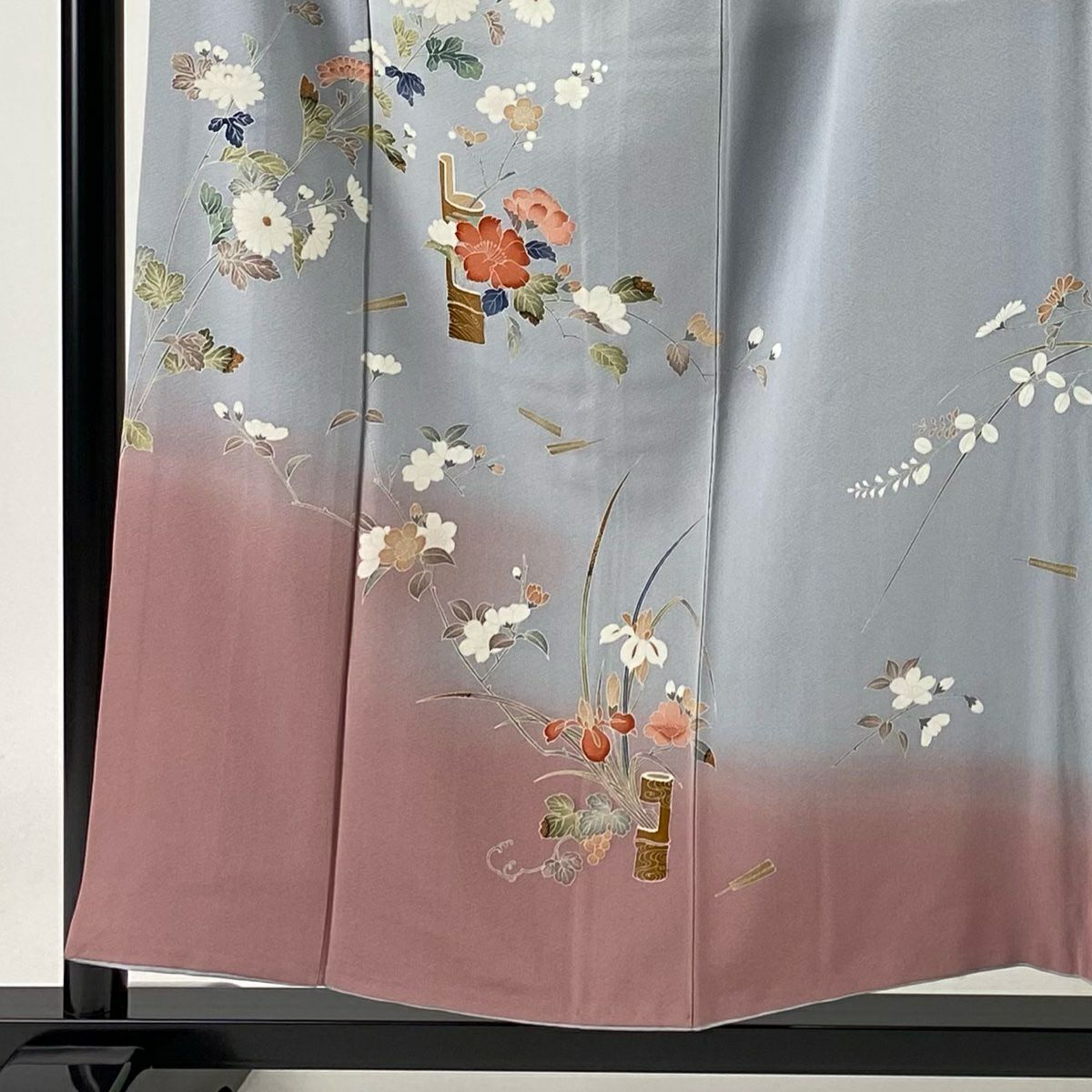 【庫存清倉】訪問服 身長152.5cm 袖長63cm S 雙層 背抜 鈴乃屋 草花紋 扇子子 染分 青灰色 純蠶絲 優品級