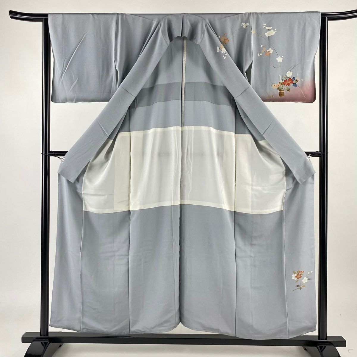 【庫存清倉】訪問服 身長152.5cm 袖長63cm S 雙層 背抜 鈴乃屋 草花紋 扇子子 染分 青灰色 純蠶絲 優品級