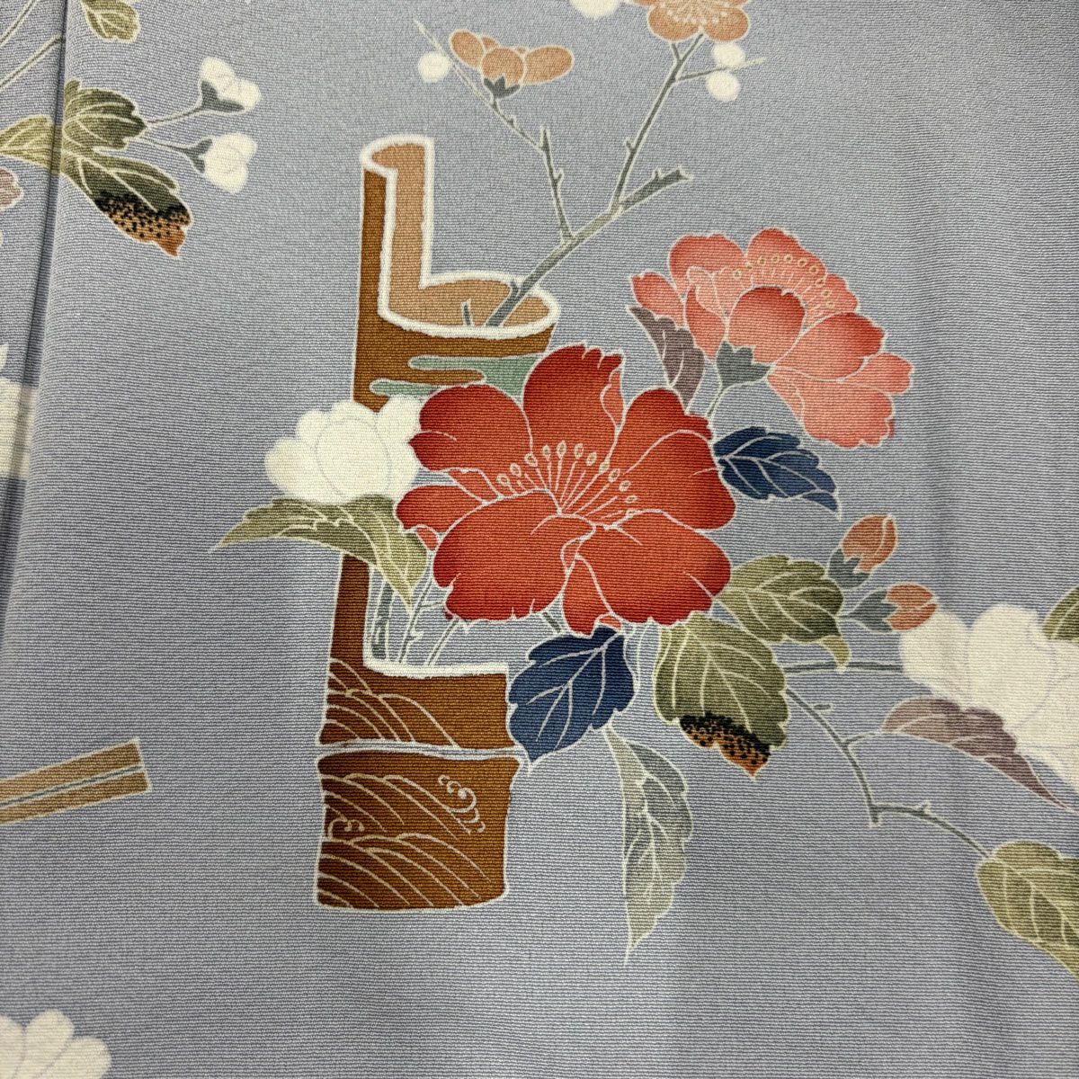 【庫存清倉】訪問服 身長152.5cm 袖長63cm S 雙層 背抜 鈴乃屋 草花紋 扇子子 染分 青灰色 純蠶絲 優品級