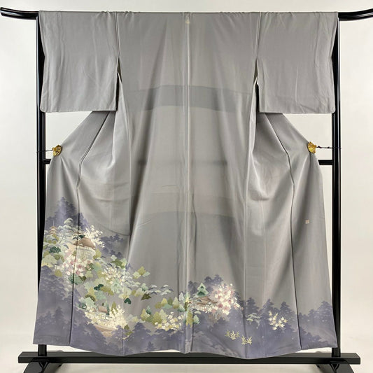 【庫存清倉】 留袖禮服禮服 身長154cm 袖長65.5cm M 雙層 落款有 風景 松樹樹 漸層 灰紫 純蠶絲 優品級 一個紋
