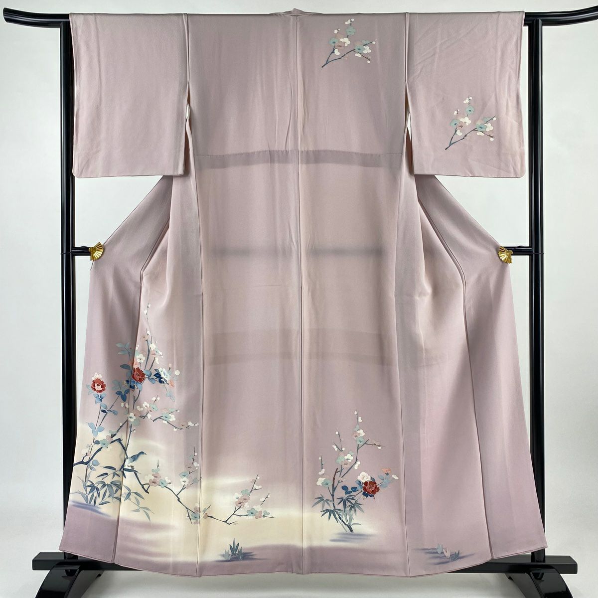 【庫存清倉】 付下 身長158cm 袖長62.5cm S 雙層 梅花 鳥 漸層 粉紅 純蠶絲 優品級