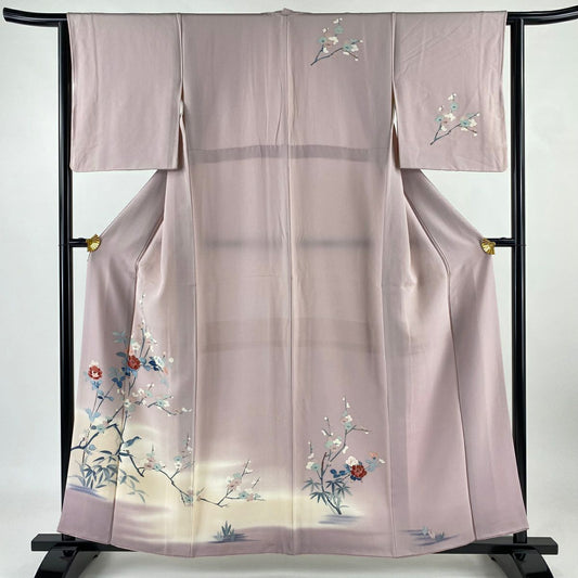 【庫存清倉】 付下 身長158cm 袖長62.5cm S 雙層 梅花 鳥 漸層 粉紅 純蠶絲 優品級