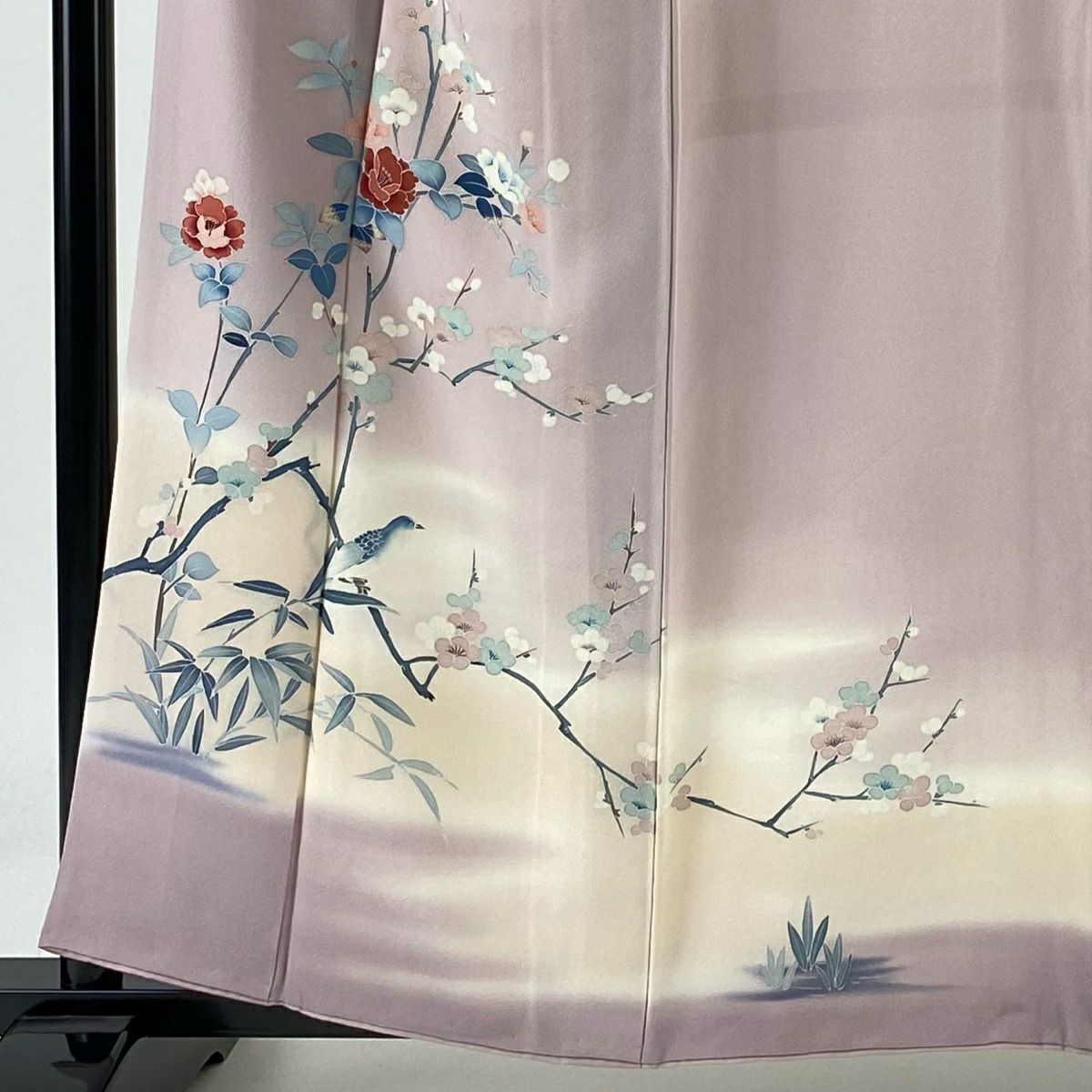 【庫存清倉】 付下 身長158cm 袖長62.5cm S 雙層 梅花 鳥 漸層 粉紅 純蠶絲 優品級