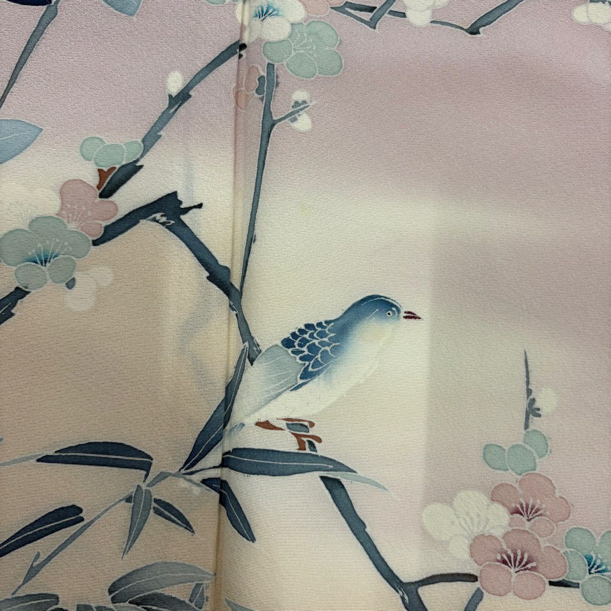 【庫存清倉】 付下 身長158cm 袖長62.5cm S 雙層 梅花 鳥 漸層 粉紅 純蠶絲 優品級