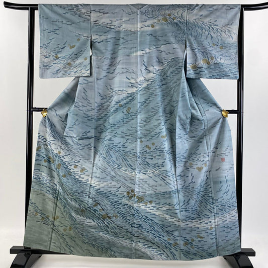 訪問服 身長161cm 袖長63cm S 雙層 大島紬織地 桑原啓之助 落款あり 證書あり 幾何學 青灰 純蠶絲 美品 逸品級