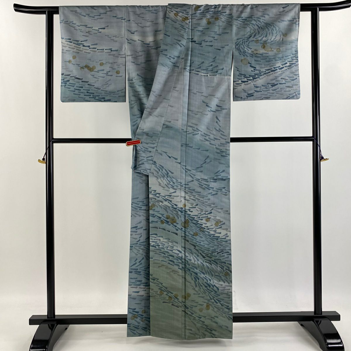 訪問服 身長161cm 袖長63cm S 雙層 大島紬織地 桑原啓之助 落款あり 證書あり 幾何學 青灰 純蠶絲 美品 逸品級