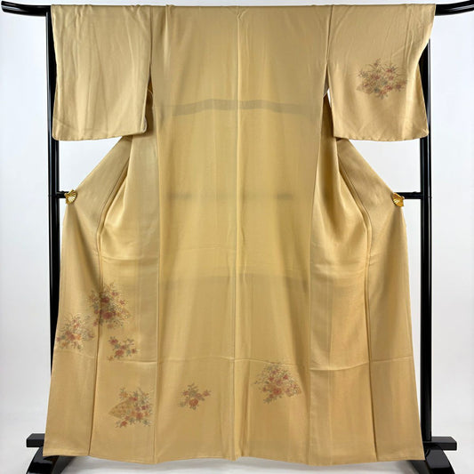 【庫存清倉】 付下 身長166cm 袖長68cm L 雙層 大和 扇子面 菊花花 刺繡 金線 淺茶 純蠶絲 名品級