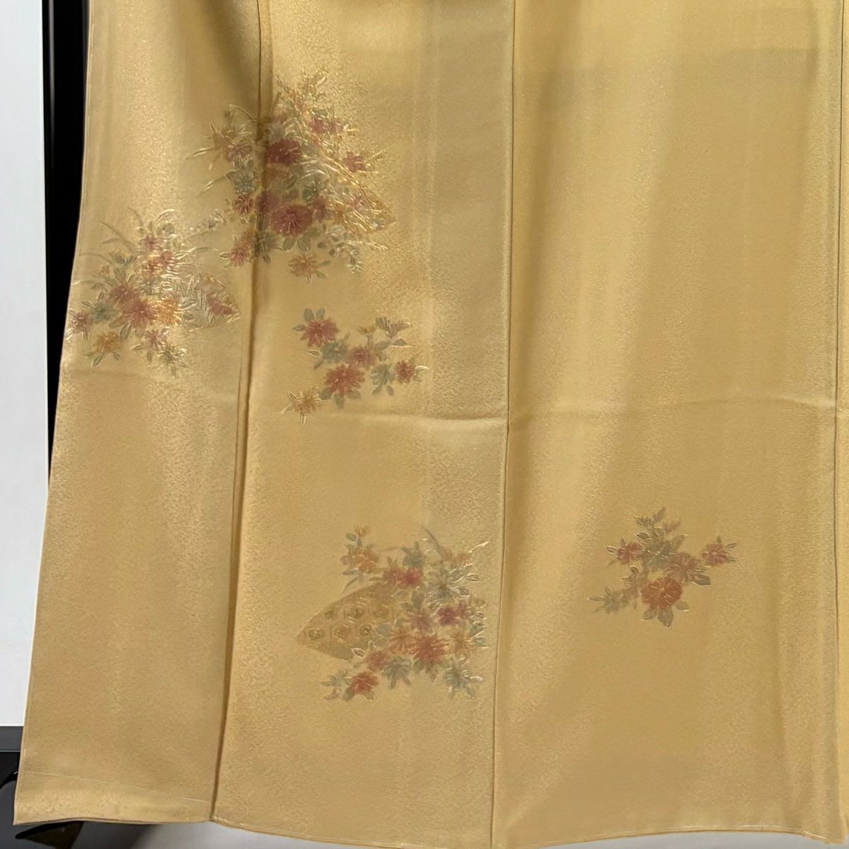 【庫存清倉】 付下 身長166cm 袖長68cm L 雙層 大和 扇子面 菊花花 刺繡 金線 淺茶 純蠶絲 名品級