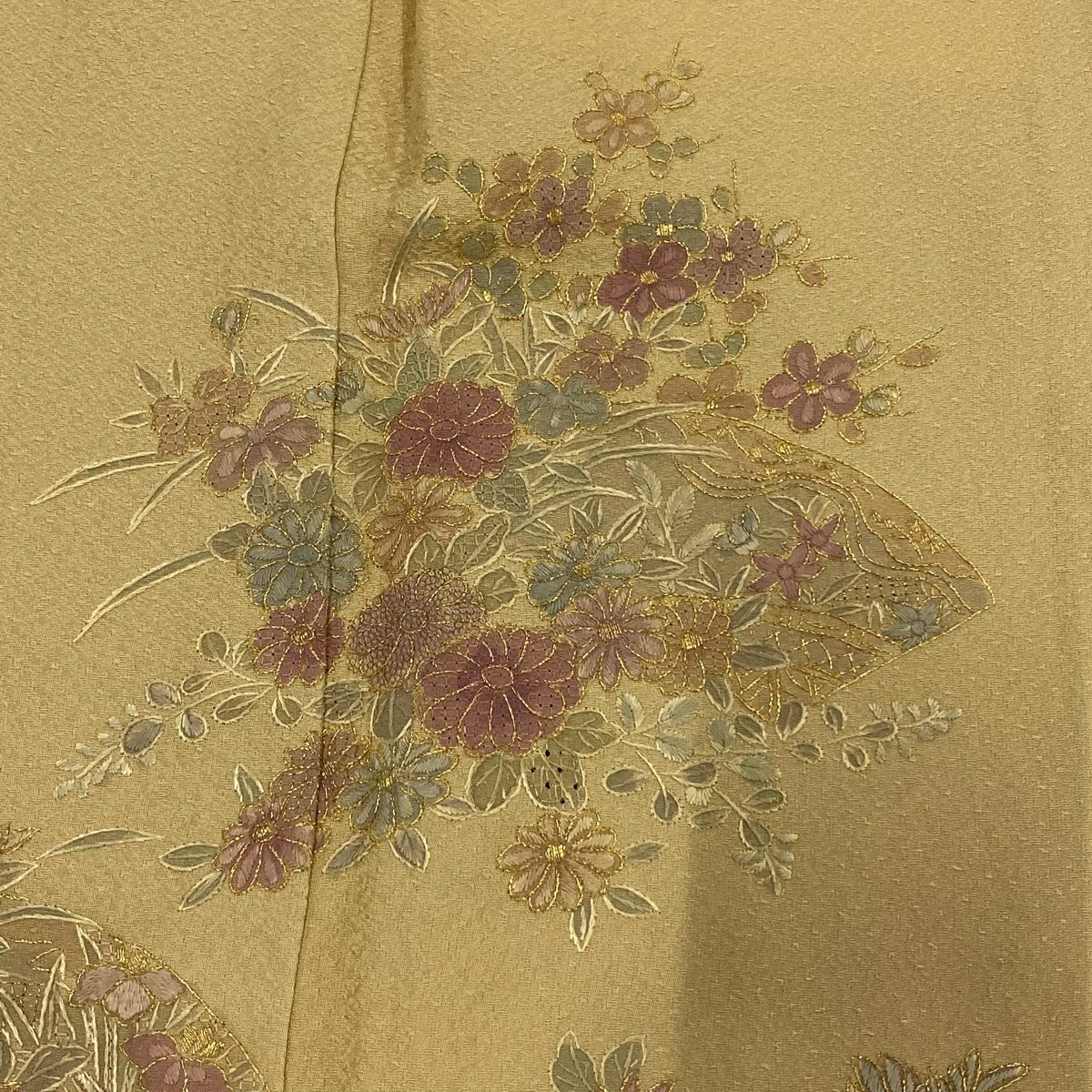 【庫存清倉】 付下 身長166cm 袖長68cm L 雙層 大和 扇子面 菊花花 刺繡 金線 淺茶 純蠶絲 名品級