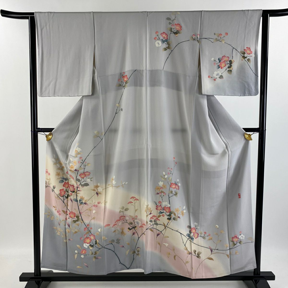 【庫存清倉】訪問服 身長154cm 袖長63cm S 雙層 落款有 枝花 染分 逐漸變色 灰色 純蠶絲 名品級
